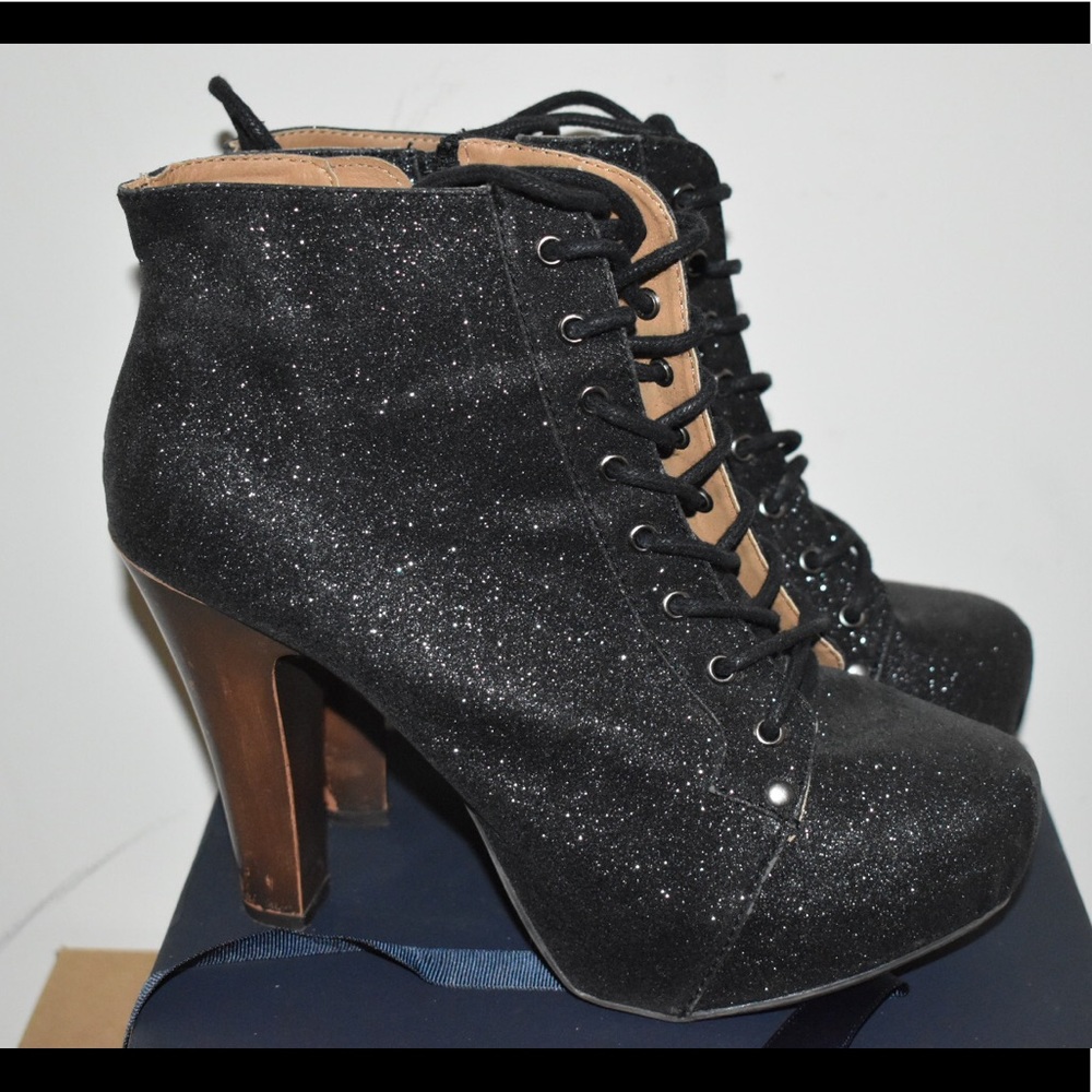 Sparkly Black Heeled Boots - Fits Size 8 Foot